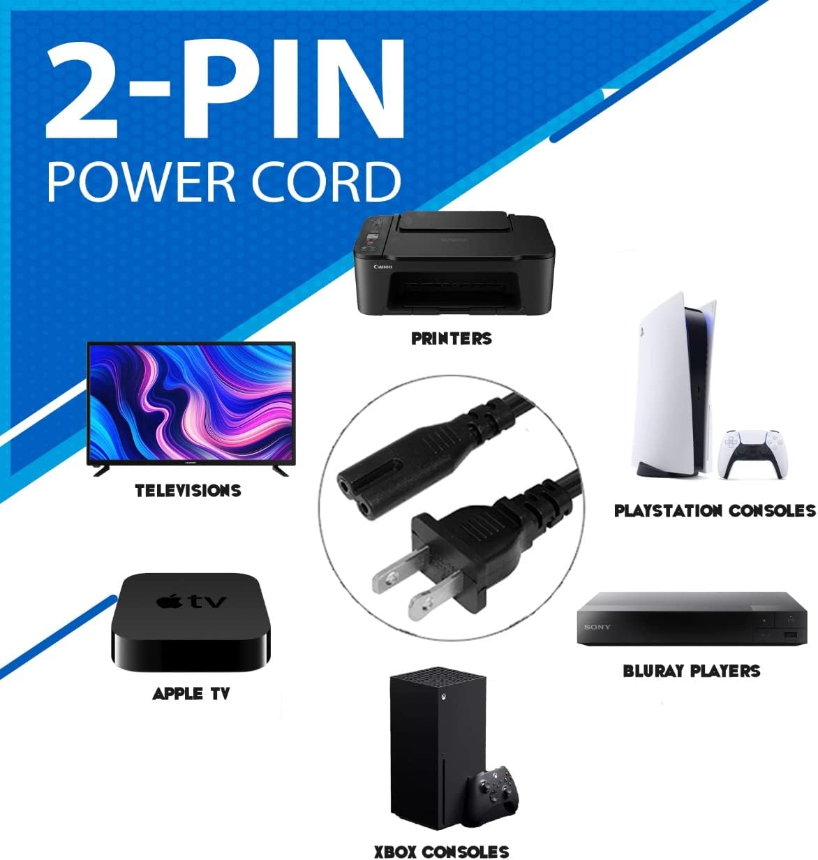 AC 2 Prong C8 Power Cord 5ft Standard 2-Slot for TV PS4 PS5 Speaker Monitor Xbox Wall Power Cable Replacement  - view 2