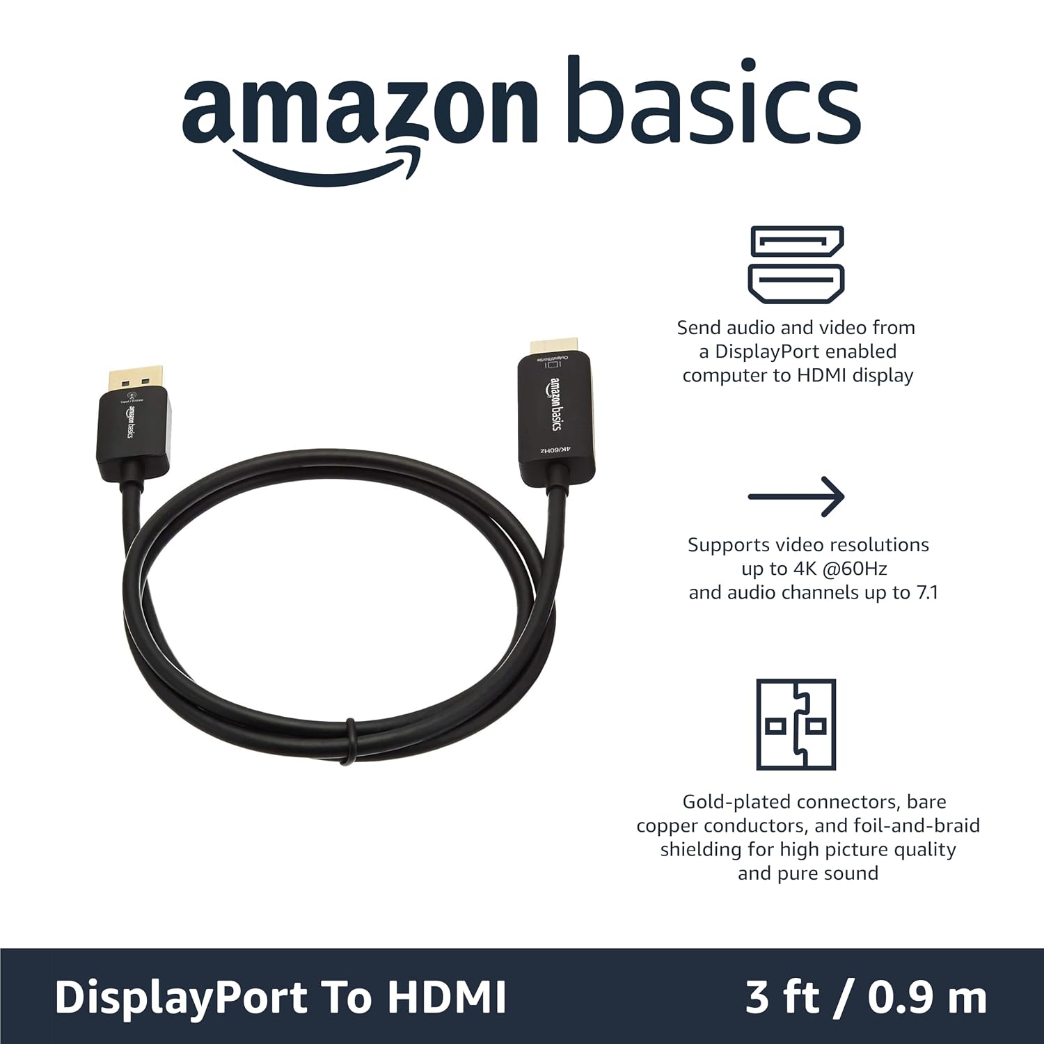 Amazon Basics DisplayPort to HDMI Cable, Uni-Directional, Computer to Screen, Video and Audio, 1080p, 1920×120 - view 2