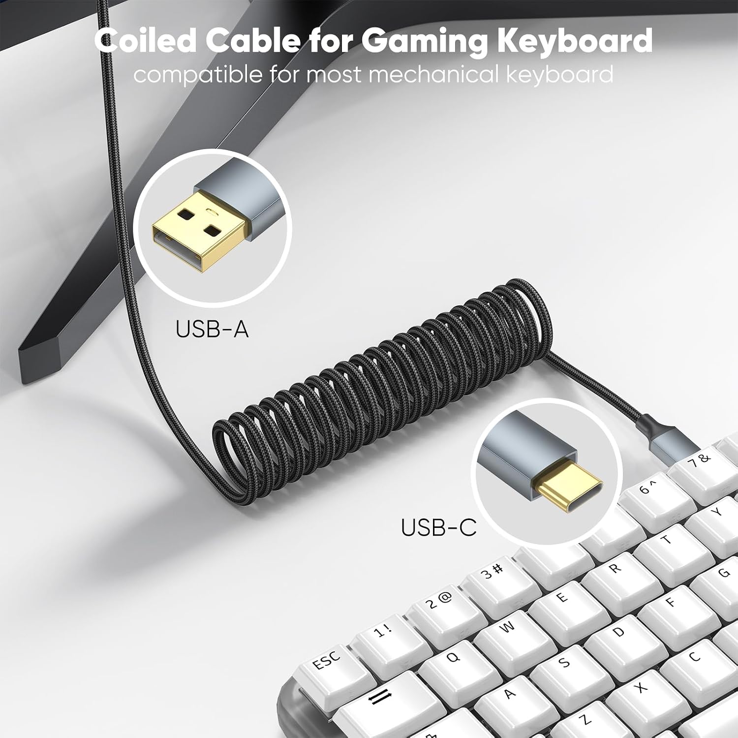 Coiled Keyboard Cable, USB C to USB A Cable for Gaming Keyboard, 5FT - view 2