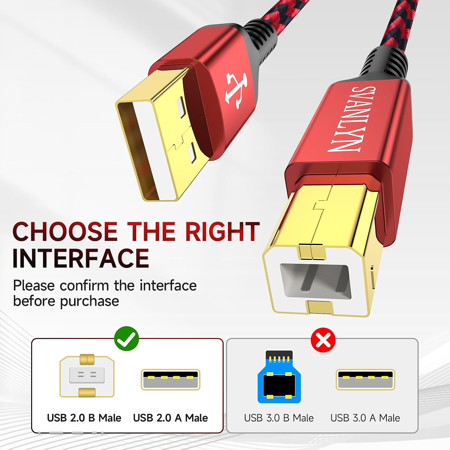 SVANLYN Printer Cable 6 FT, USB A to B 2.0 Printer Cable High-Speed Nylon Braided USB MIDI Cord Compatible wit - view 2