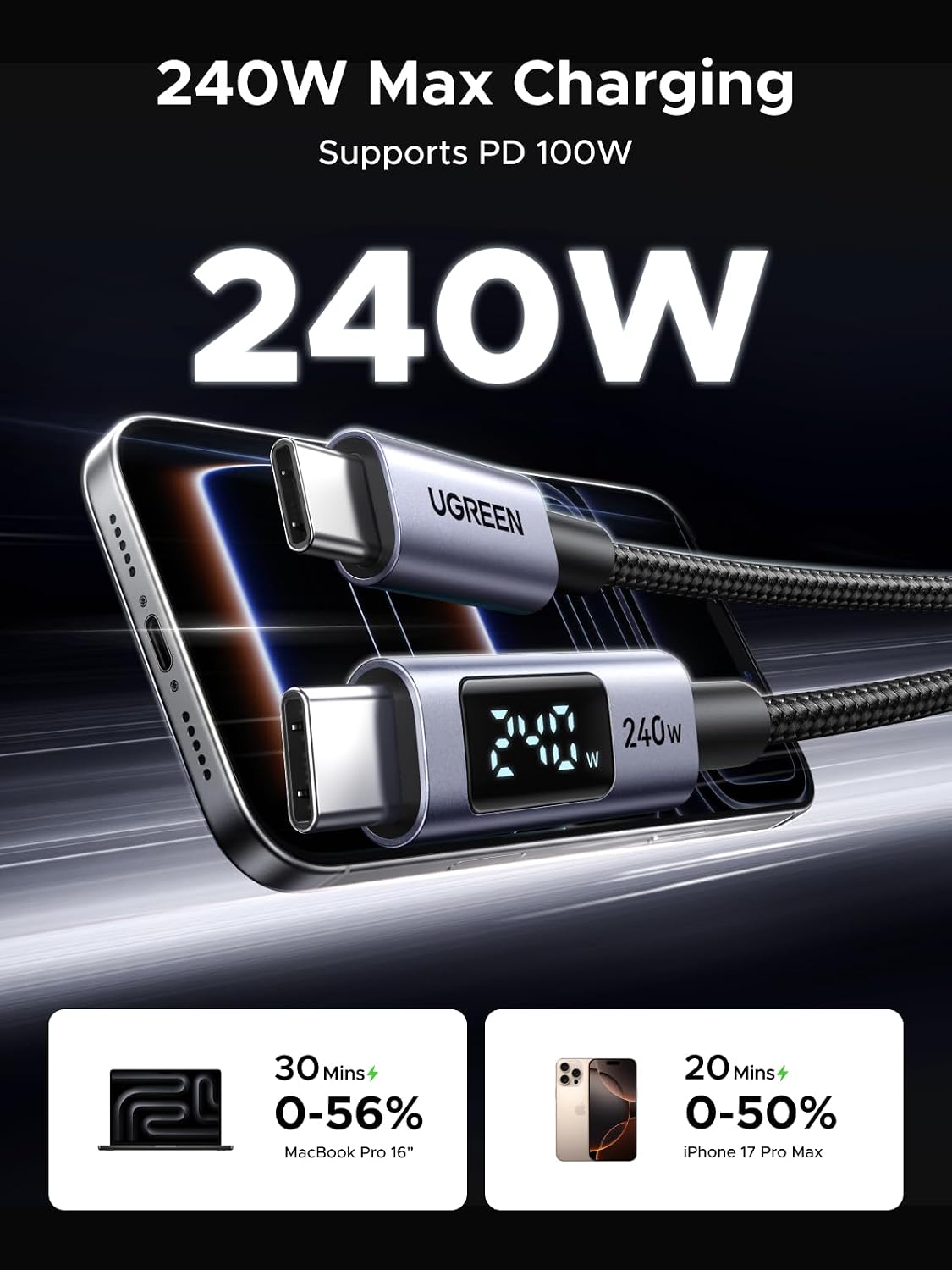 UGREEN USB C 240W Cable with Digital Display, PD 100W Fast Charging, 10FT | Compatible with MacBook Pro/Air,  - view 2